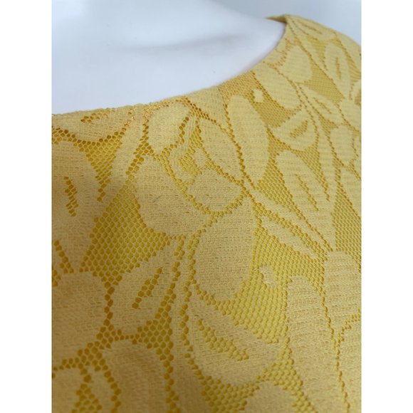London Times Yellow Lace Dress 6 Overlay Lined Above Knee Round Neck Floral - Picture 12 of 16